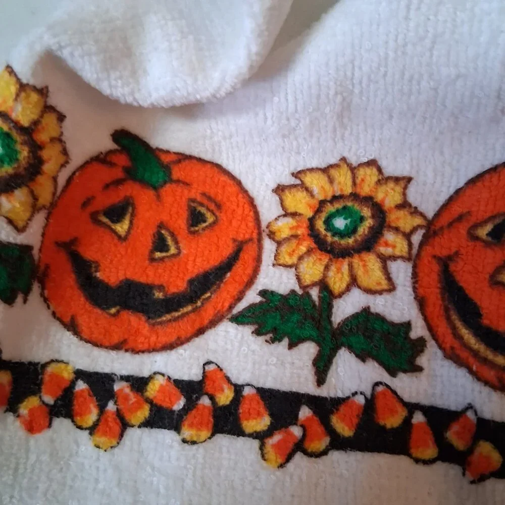 Vintage Halloween Hand Towel NOS Small Fringe Pumpkin Head Scarkrow NEW 18" - Picture 5 of 10